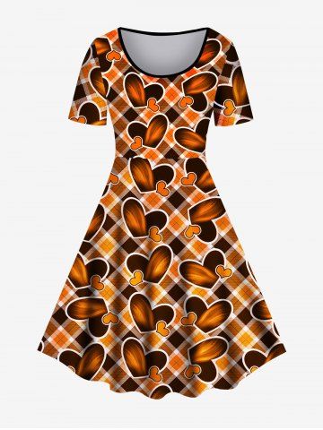 Plus Size Heart Plaid Print Fit and Flare Dress - ORANGE - 5X | US 30-32