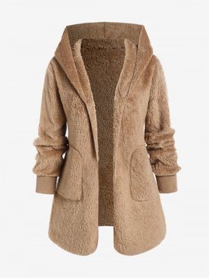 Plus Size Open Front Hooded Faux Fur Fluffy Coat