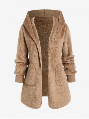 Plus Size Open Front Hooded Faux Fur Fluffy Coat