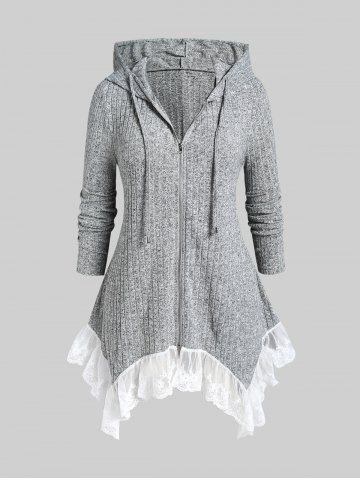 Plus Size Contrast Lace Trim Ribbed Hooded Cardigan - GRAY - L | US 12