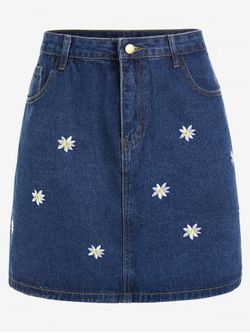 Plus Size Daisy Embroidered Mini Bodycon Denim Skirt - DEEP BLUE - 3XL