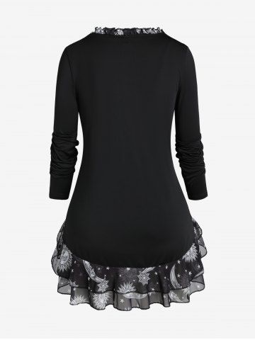 Sun Moon Print Ruffled Tee and Camisole Set and High Waist Leggings Plus Size Fall Outfit