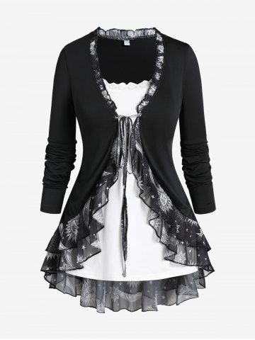 Sun Moon Print Ruffled Tee and Camisole Set and High Waist Leggings Plus Size Fall Outfit