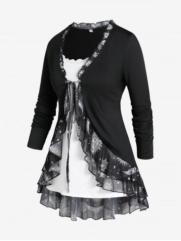 Sun Moon Print Ruffled Tee and Camisole Set and High Waist Leggings Plus Size Fall Outfit