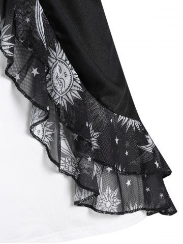 Sun Moon Print Ruffled Tee and Camisole Set and High Waist Leggings Plus Size Fall Outfit