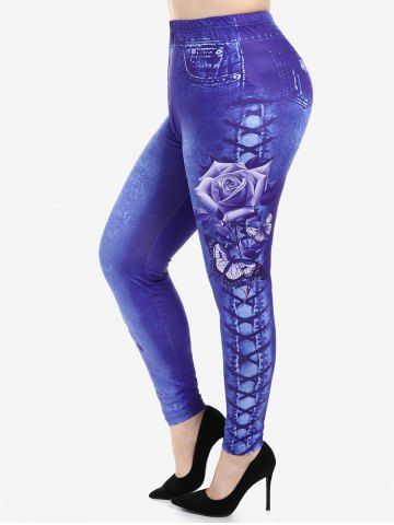 Plus Size 3D Lace Up Denim Rose Print Skinny Jeggings - DEEP BLUE - 3X | US 22-24