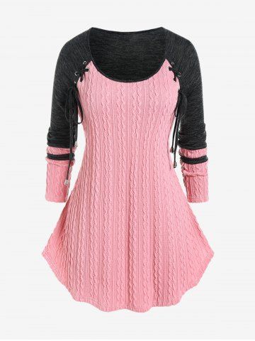 Plus Size Raglan Sleeve Cable Knit Panel Colorblock Lace Up Tee - LIGHT PINK - 2X | US 18-20