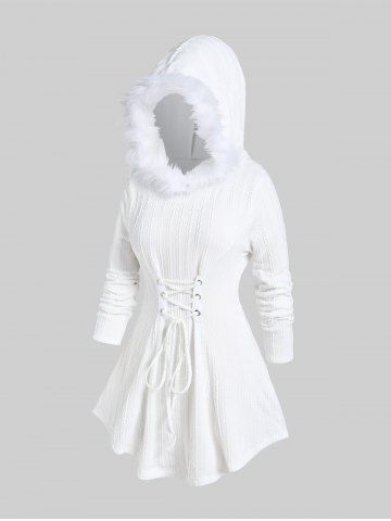 Pull à Capuche en Tricot à Câble en Fausse Fourrure Grande Taille à Lacets - WHITE - 4X | US 26-28