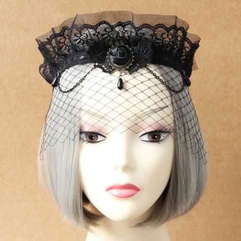 Gothic Crown Headband Rose Lace Mesh Hair Accessory - BLACK