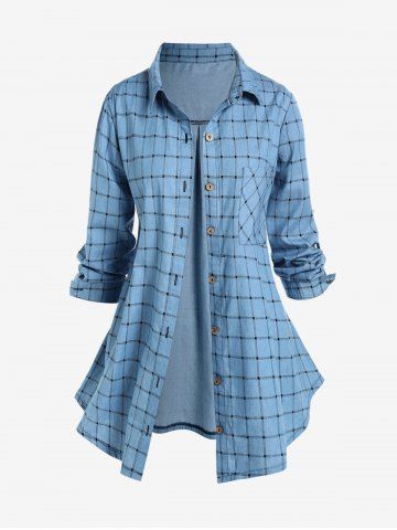 Plus Size Plaid Roll Tab Sleeves Tunic Shirt with Pocket - LIGHT BLUE - L | US 12