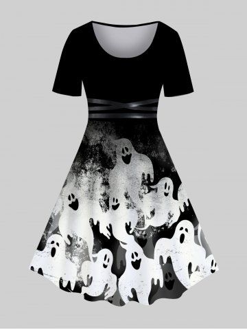 Halloween 3D Cross Ghosts Printed Vintage A Line Dress - BLACK - M | US 10
