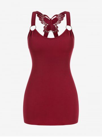 Plus Size Skew Neck 3D Print Ripped Tee and Lace Butterfly Top Set