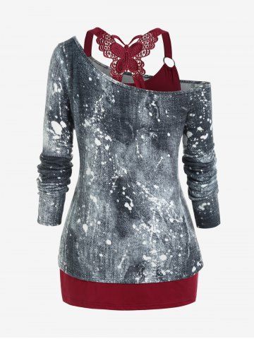 Plus Size Skew Neck 3D Print Ripped Tee and Lace Butterfly Top Set