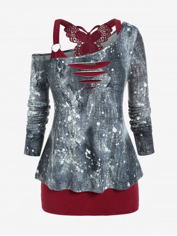 Plus Size Skew Neck 3D Print Ripped Tee and Lace Butterfly Top Set