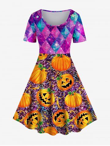 Pumpkin Print Halloween Fit and Flare Dress - MULTI - 4X | US 26-28