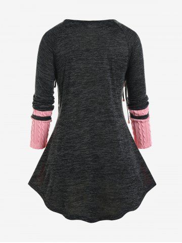 Plus Size Raglan Sleeve Cable Knit Panel Colorblock Lace Up Tee