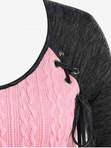 Plus Size Raglan Sleeve Cable Knit Panel Colorblock Lace Up Tee