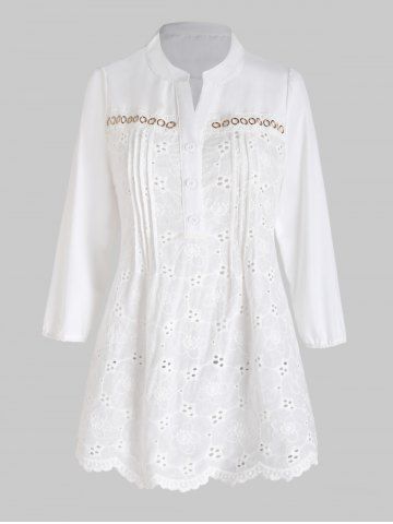 Floral Embroidery Eyelet Half Button Pintuck Blouse - WHITE - S