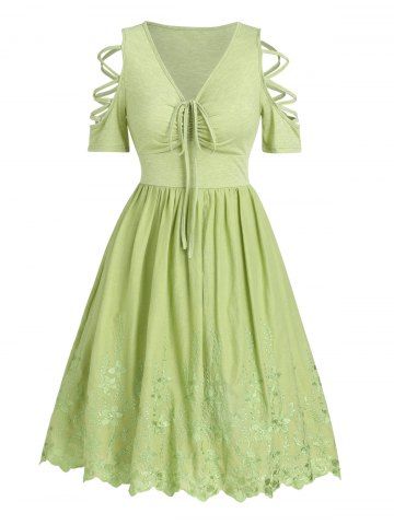 Flower Embroidery Lattice Cinched Flare Dress - LIGHT GREEN - M