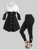 Drawstring Colorblock Shirt and Cutout Twist Leggings Plus Size Outfit -  