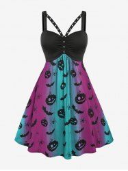 Plus Size High Waist Pumpkin Spider Print Halloween Dress -  