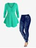 V Neck Buttoned Round Hem Sweater and High Waisted 3D Printed Leggings Plus Size Outerwear Outfit -  