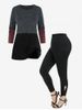 Contrast Color-blocking Long Sleeve Sweater and High Rise Cutout Twist Leggings Plus Size Outerwear Outfit -  
