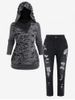 Plus Size Ripped Ruched Pullover Hoodie and Skinny Jeans Outfit -  