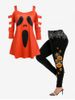 Halloween Ladder Cutout Cold Shoulder Tee and Pumpkins Spider Web Printed Leggings Outfit -  