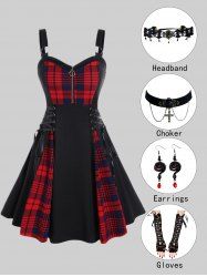Gothic Lace Up Plaid Half Zipper Fit and Flare Dress and Accessory -  