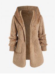 Plus Size Open Front Hooded Faux Fur Fluffy Coat -  
