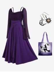 Witch Halloween Costume Ruched Colorblock Mesh Sleeves A Line Dress with Earrings & Bag Set -  
