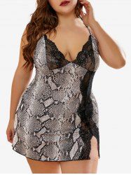 Plus Size Snakes Skin Printed Lace Panel Split Backless Babydoll -  