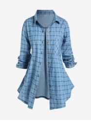 Plus Size Plaid Roll Tab Sleeves Tunic Shirt with Pocket -  