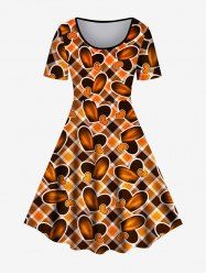 Robe Ajustée et Evasée à Imprimé Cœur à Carreaux de Grande Taille - Orange 5x | US 30-32