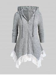 Plus Size Contrast Lace Trim Ribbed Hooded Cardigan -  