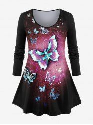 Plus Size Long Sleeve Butterfly Print T-shirt -  