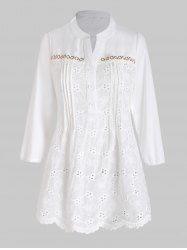 Floral Embroidery Eyelet Half Button Pintuck Blouse -  