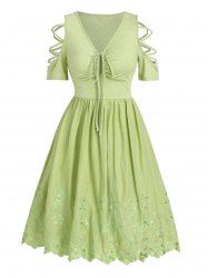 Flower Embroidery Lattice Cinched Flare Dress -  