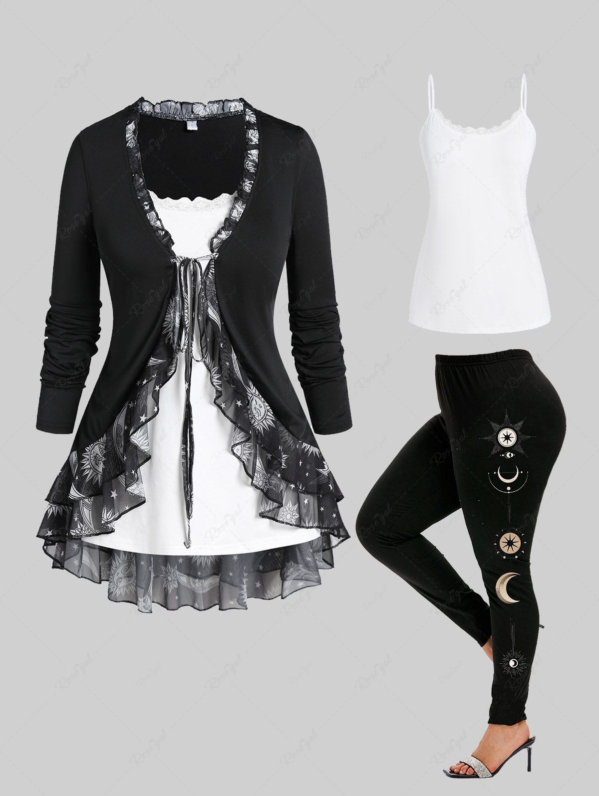 Best Sun Moon Print Ruffled Tee and Camisole Set and High Waist Leggings Plus Size Fall Outfit  