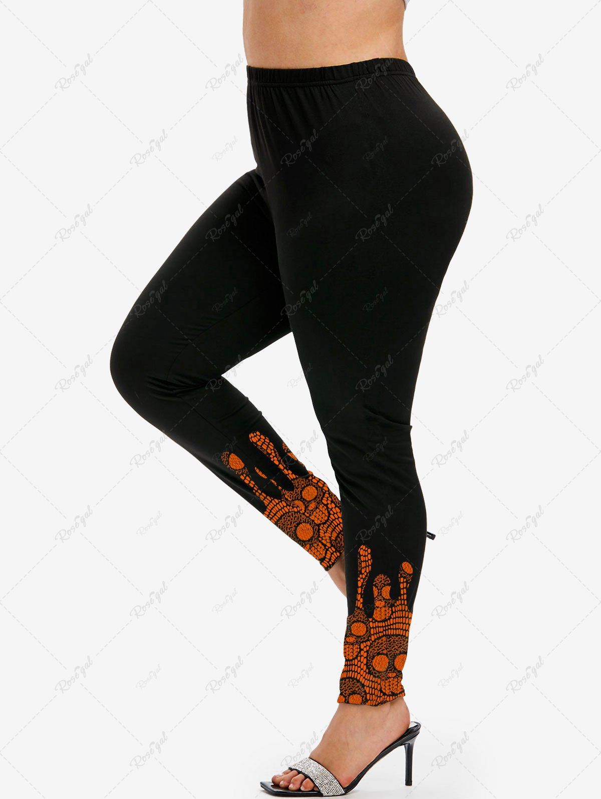 Legging Gothique à Imprimé Crâne en Dentelle à Taille Haute Orange 