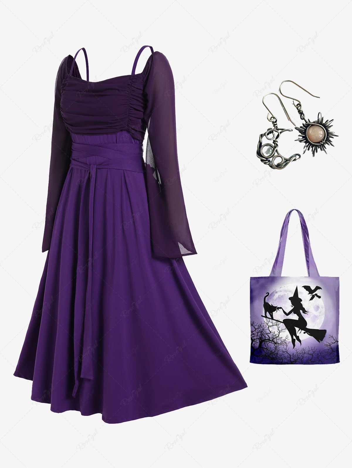 Best Witch Halloween Costume Ruched Colorblock Mesh Sleeves A Line Dress with Earrings & Bag Set  