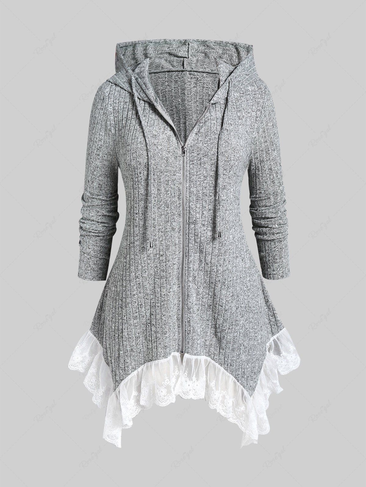 New Plus Size Contrast Lace Trim Ribbed Hooded Cardigan  