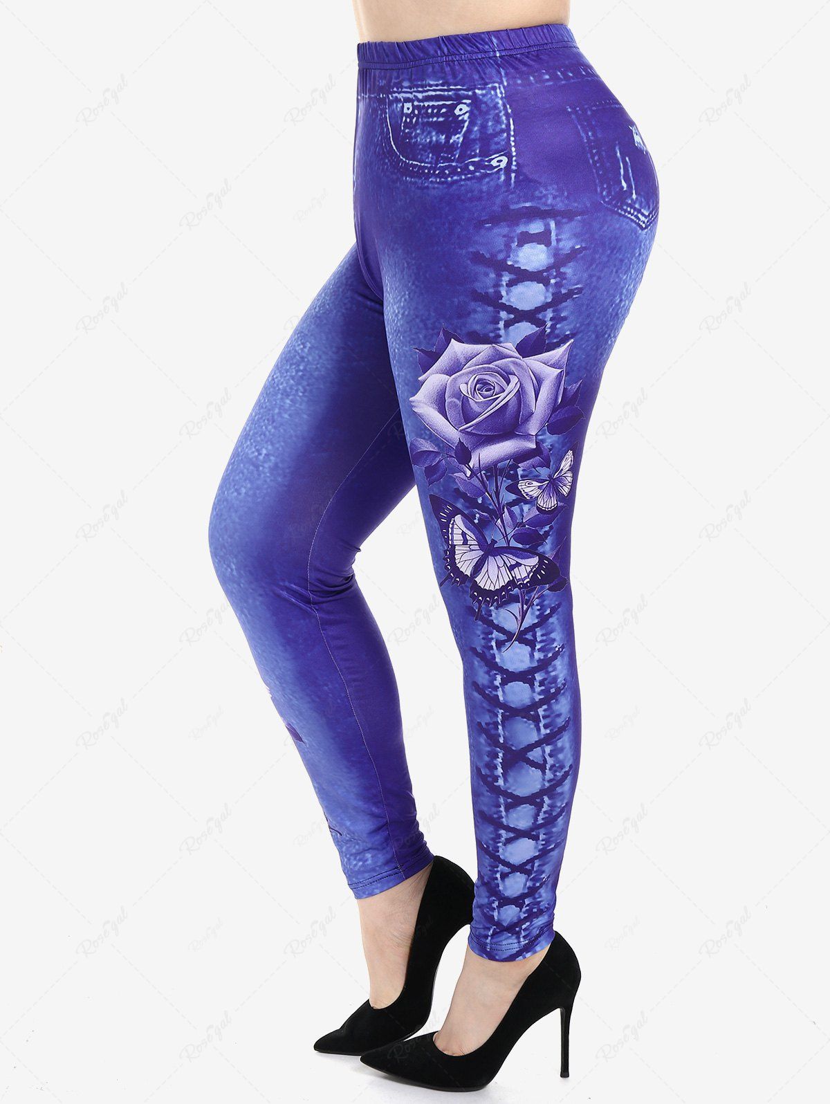 Fashion Plus Size 3D Lace Up Denim Rose Print Skinny Jeggings  