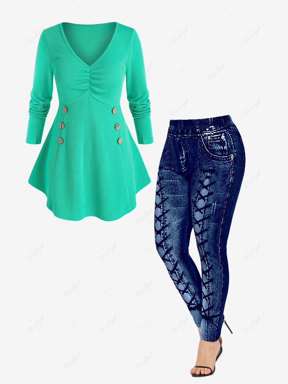 Store V Neck Buttoned Round Hem Sweater and High Waisted 3D Printed Leggings Plus Size Outerwear Outfit  