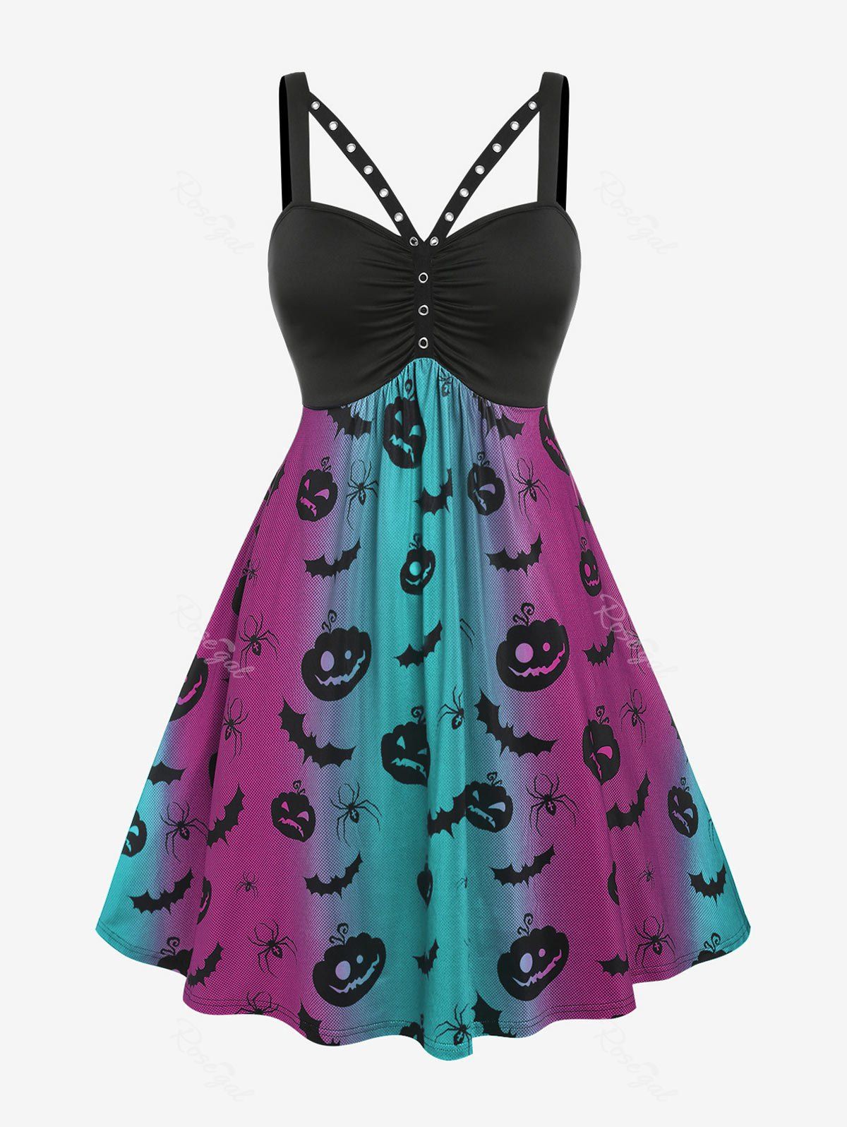 Buy Plus Size High Waist Pumpkin Spider Print Halloween Dress  