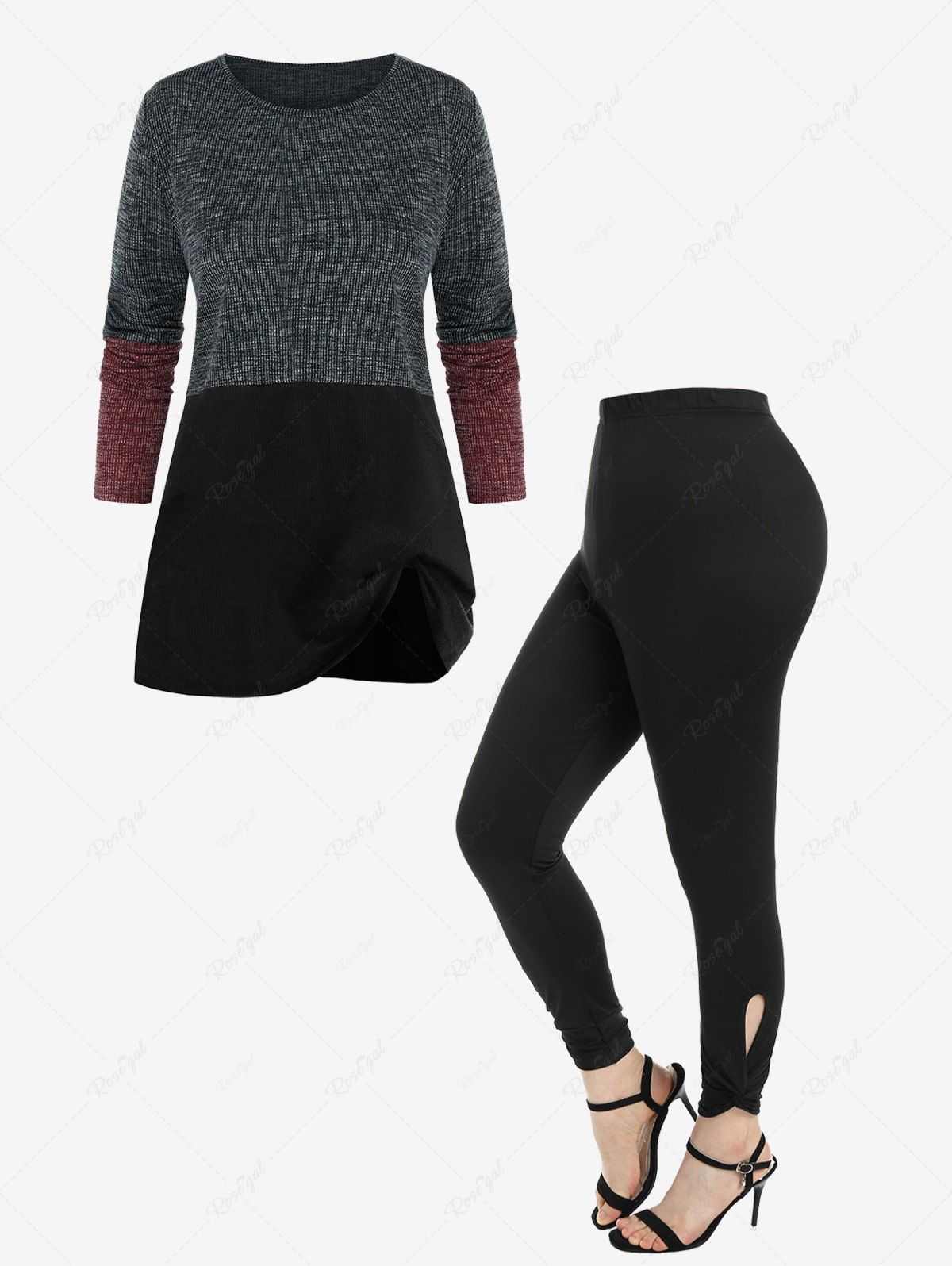 Shop Contrast Color-blocking Long Sleeve Sweater and High Rise Cutout Twist Leggings Plus Size Outerwear Outfit  