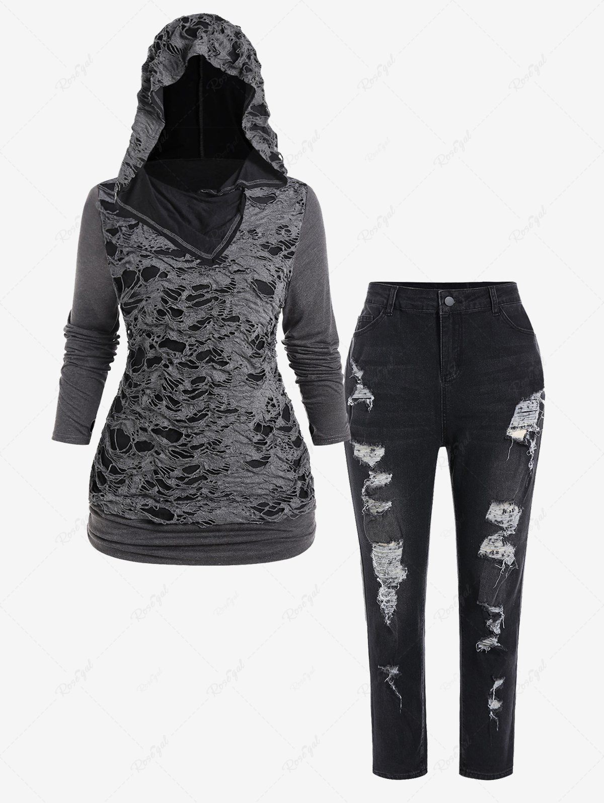 Latest Plus Size Ripped Ruched Pullover Hoodie and Skinny Jeans Outfit  