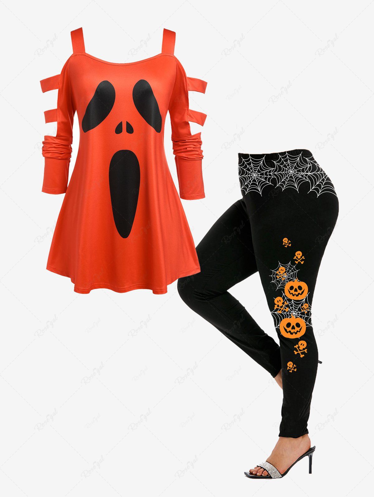 New Halloween Ladder Cutout Cold Shoulder Tee and Pumpkins Spider Web Printed Leggings Outfit  