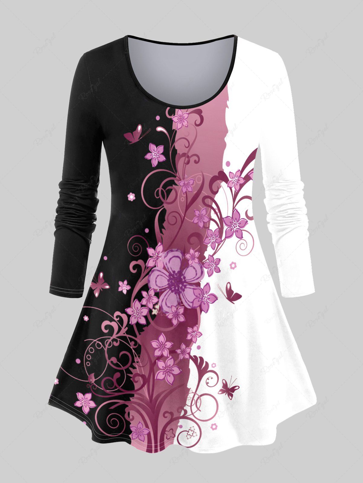 Chic Plus Size Butterfly Flower Printed Colorblock Long Sleeves Tee  